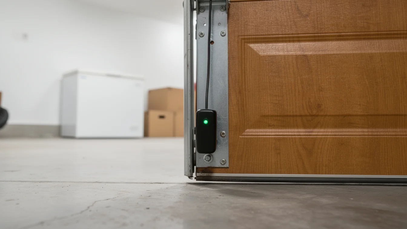 A black sensor with a green light is mounted on a brown garage door.