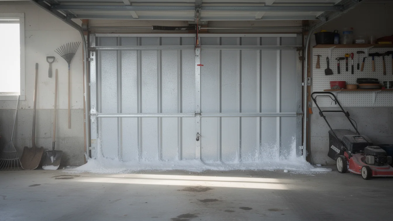 The garage door is closed with snow accumulated at the bottom.