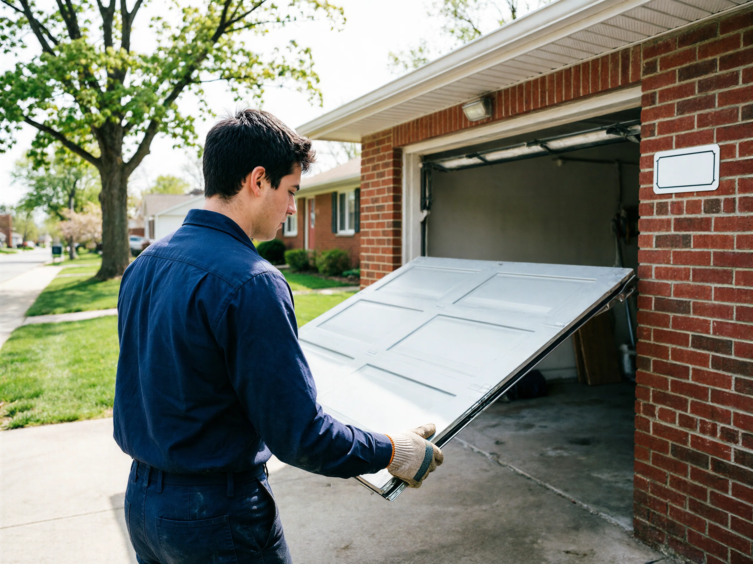 A technician in a blue uniform is carrying a white garage door panel.