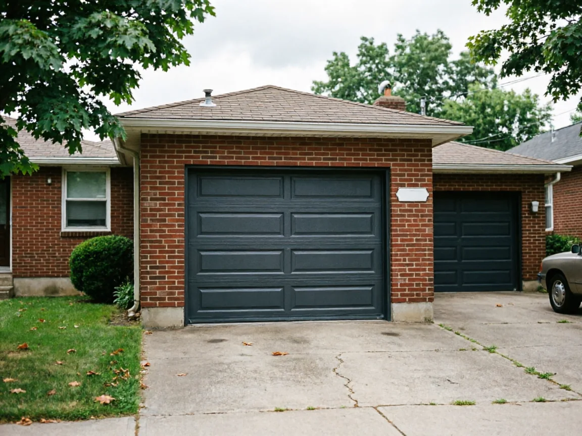 A brick house has two dark gray garage doors and a concrete driveway.