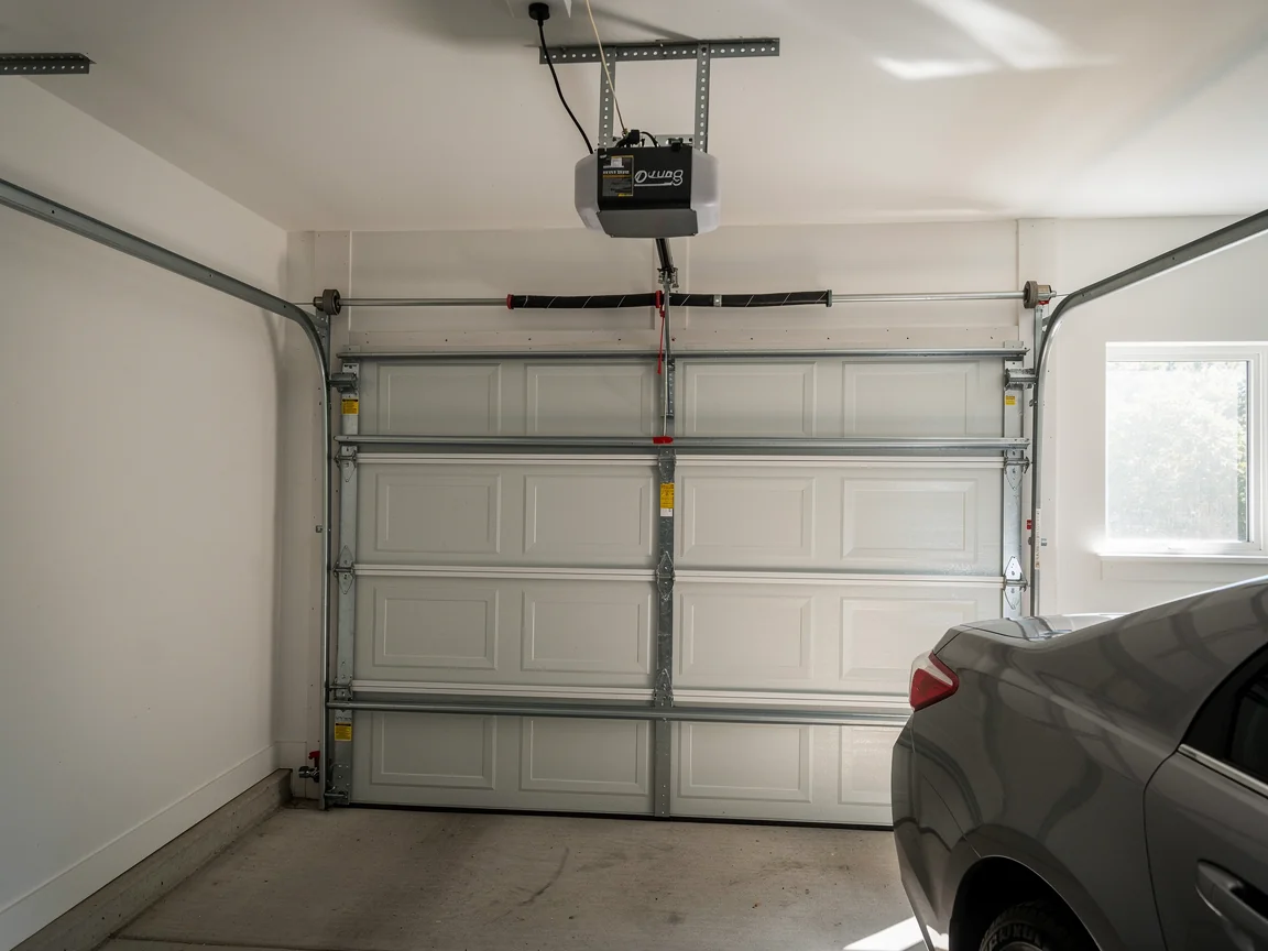 A white paneled garage door is closed with an opener and torsion spring visible.