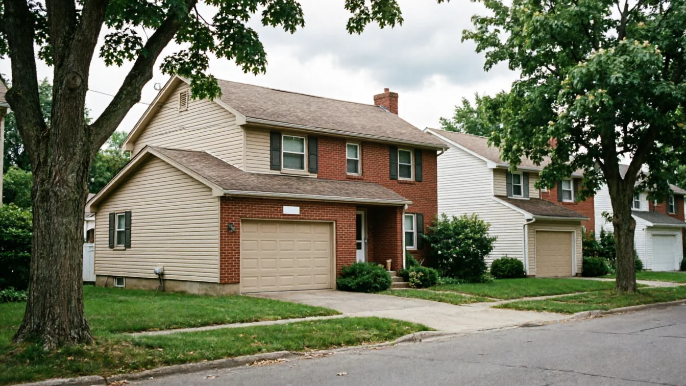 A tan garage door is on a brick and siding house with green trees.
