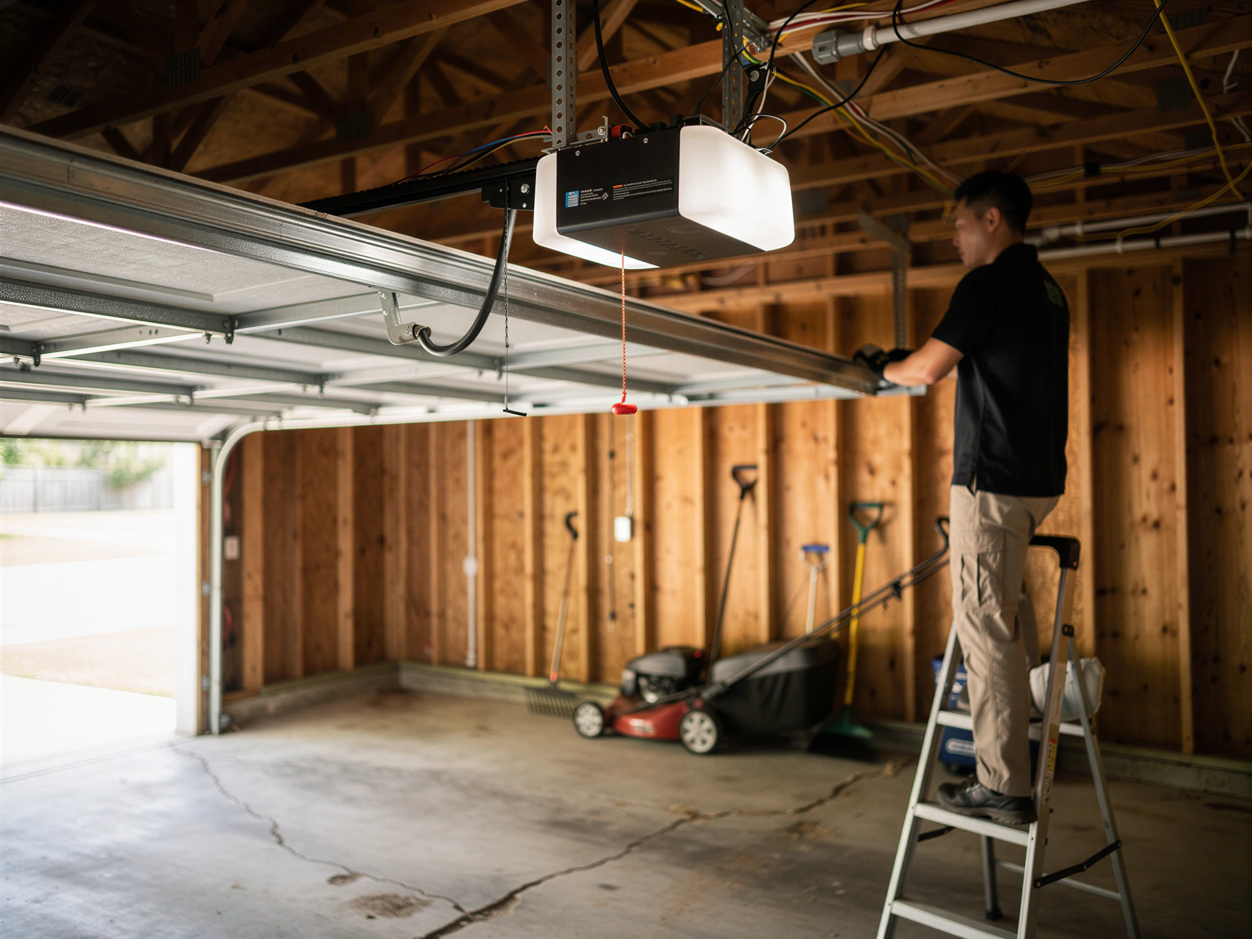 A technician on a ladder works on a garage door opener and track.