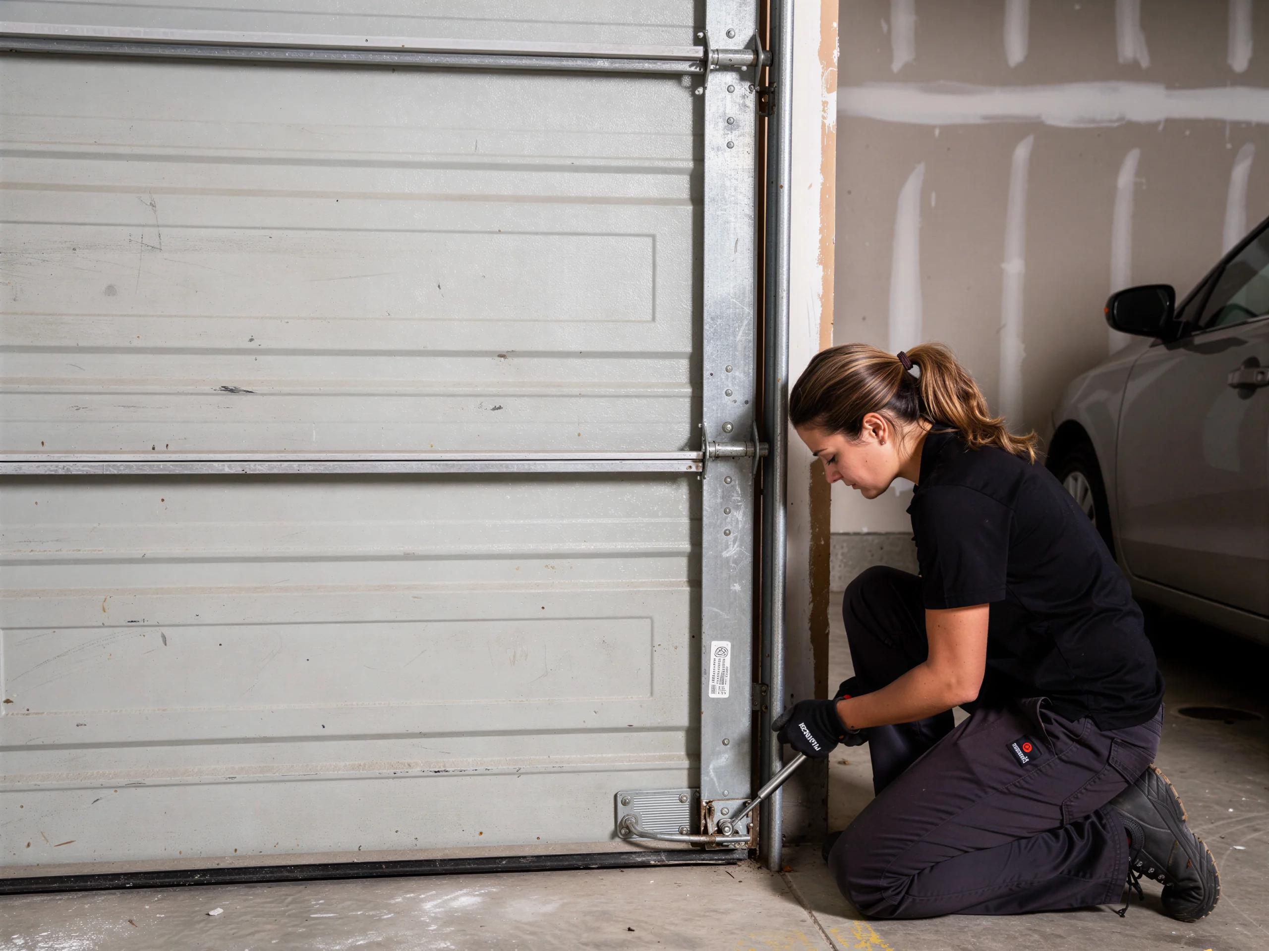 A technician kneels, adjusting the bottom roller of a white garage door.